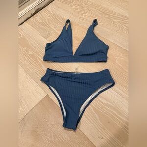 SHEIN Blue Ribbed Triangle Bikini Set